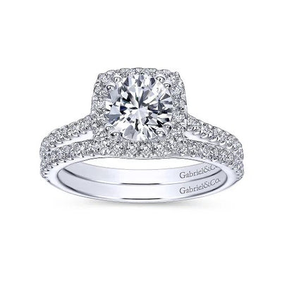 14K White Gold Cushion Halo Round Diamond Engagement Ring