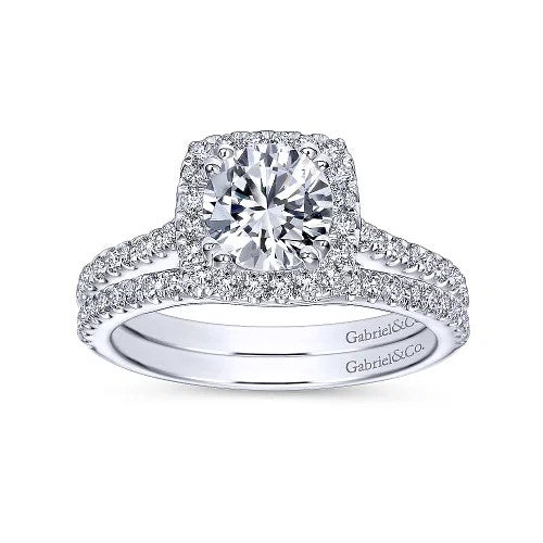 14K White Gold Cushion Halo Round Diamond Engagement Ring