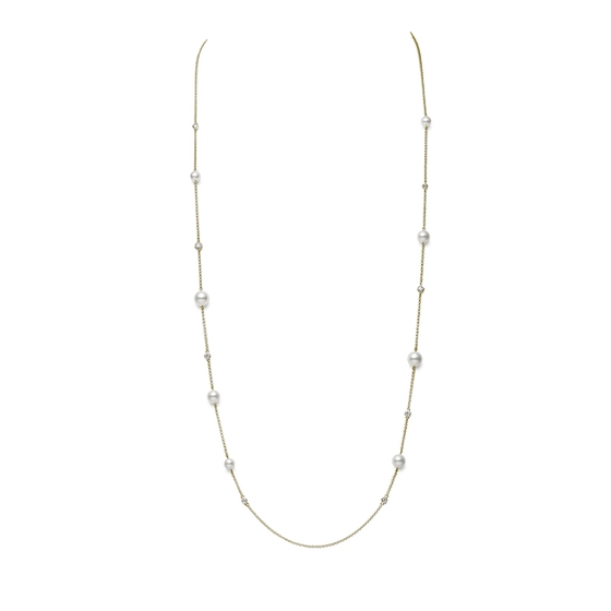 Akoya Cultured Pearl and Diamond Station Collection Necklace in 18K Yellow Gold – 31 Inch