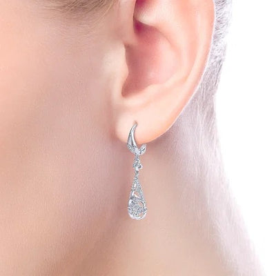 Vintage Inspired 14K White Gold Teardrop Cutout Diamond Drop Earrings