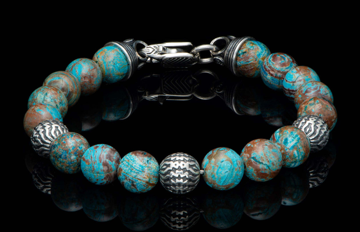 Seaside - Blue Agate, Beaded bracelet with sculpted sterling silver and blue lace agate