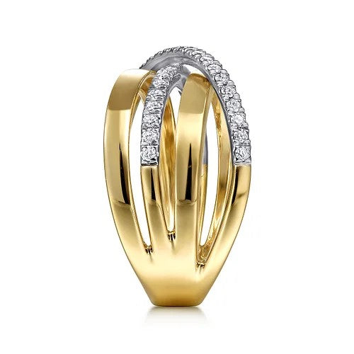 14K White-Yellow Gold Polished Band and Diamond Row Criss Cross Ring