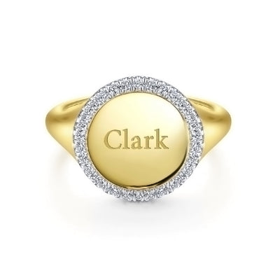 14K Yellow Gold Pinky Signet Ring with Diamond Halo