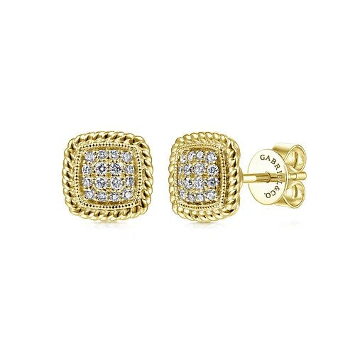 14K Yellow Gold Cushion Shape Pave Diamond Stud Earrings