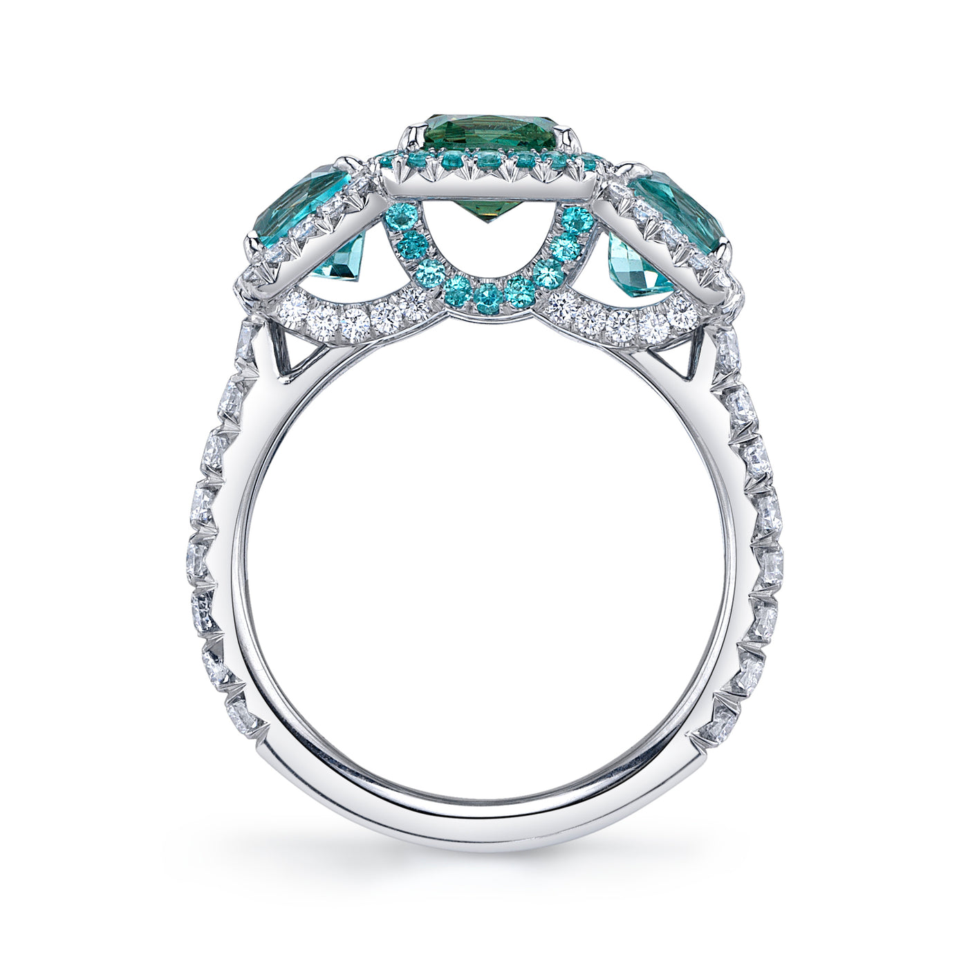 Cushion-Cut Demantoid and Paraiba Tourmaline Halo Ring in Platinum