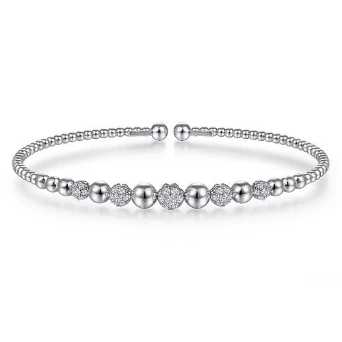 14K White Gold Bujukan Bead Cuff Bracelet with Pave Diamond Stations