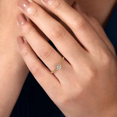 14K Yellow Gold Diamond Cluster Clover and Bujukan Bead Ring