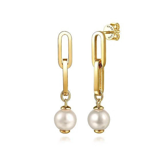 14K Yellow Gold Pearl Stud Drop Link Earrings