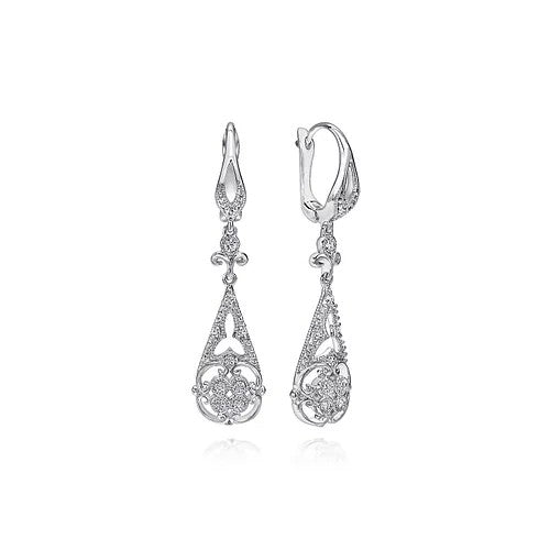 Vintage Inspired 14K White Gold Teardrop Cutout Diamond Drop Earrings