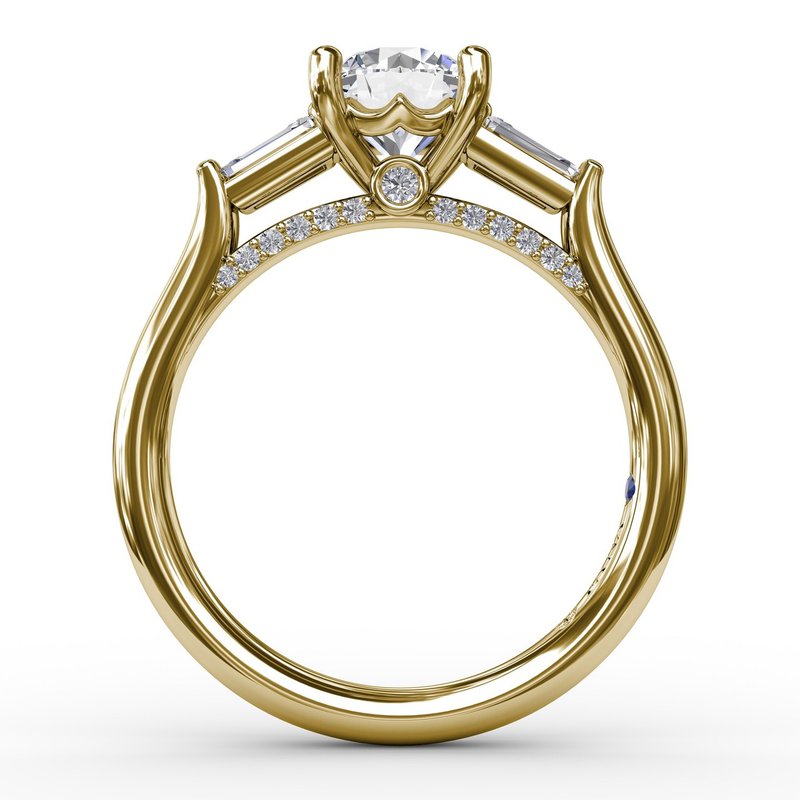 Three-Stone Round Diamond Engagement Ring With Bezel-Set Baguettes