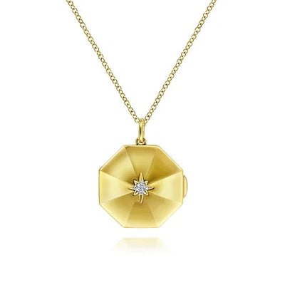 14K Yellow Gold Octagonal Locket Necklace with Diamond Star Center