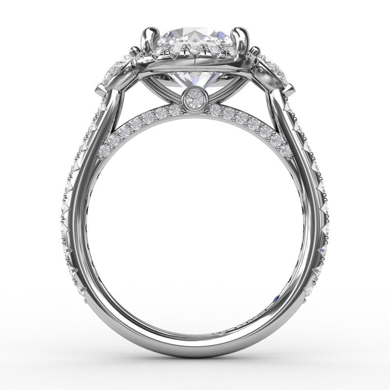 Round Diamond Halo Engagement Ring With Pear-Shape Side Stones