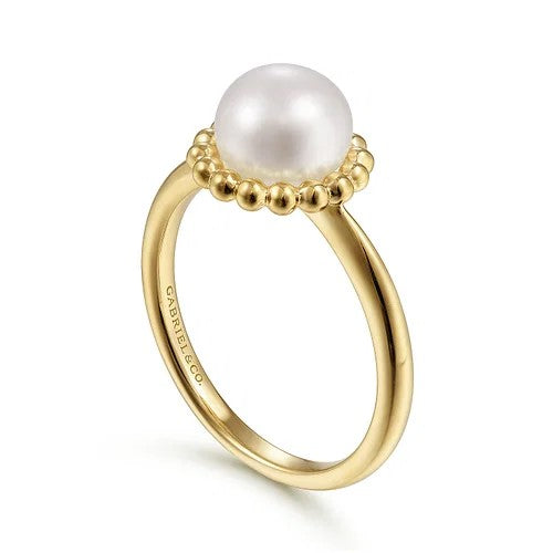 14K Yellow Gold Pearl Ring with Bujukan Beaded Halo