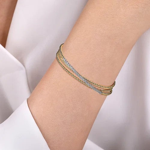 14K White-Yellow Gold Bujukan Diamond Criss Cross Bangle