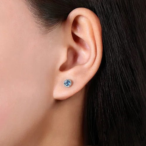 14K White Gold Diamond Halo Swiss Blue Topaz Stud Earrings