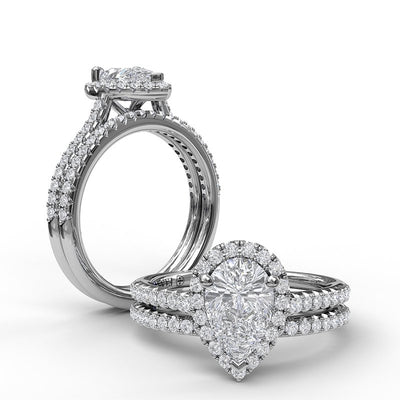 Delicate Pear Shaped Halo And Pave Band Engagement Ring