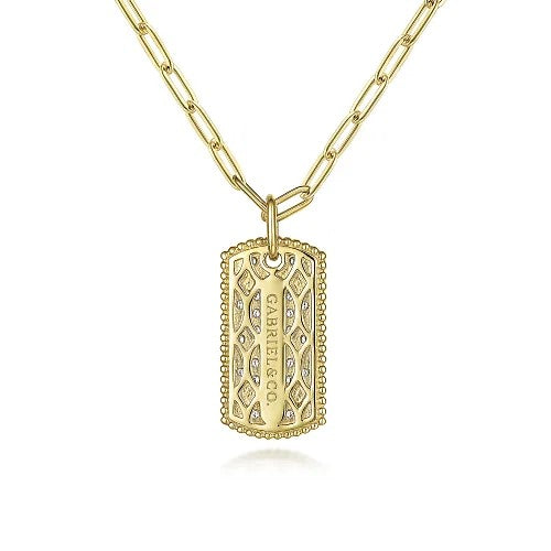 14K Yellow Gold Diamond Pave Dog Tag Pendant Hollow Chain Necklace