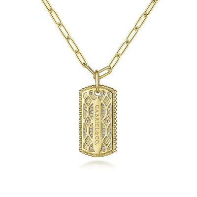 14K Yellow Gold Diamond Pave Dog Tag Pendant Hollow Chain Necklace