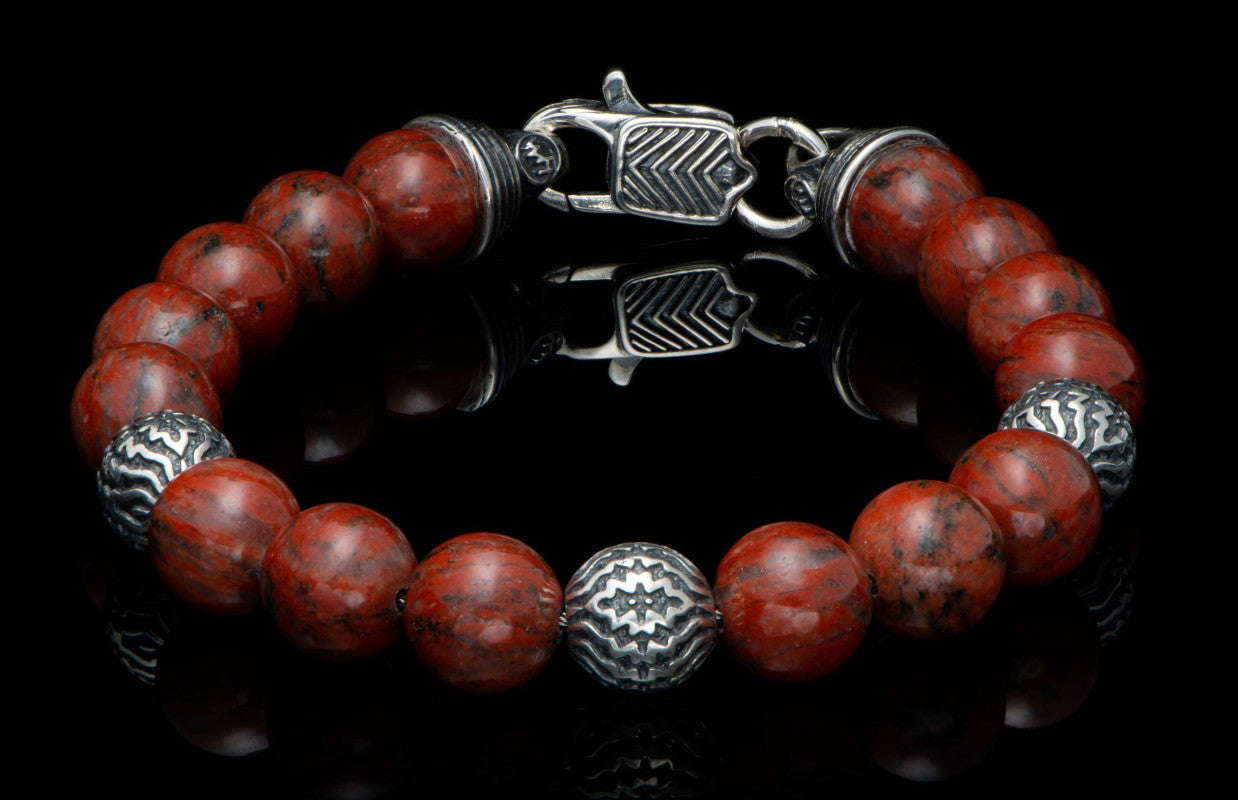 Seaside - Red Jasper, Beaded bracelet with sculpted sterling silver andRed Sesame Jasper