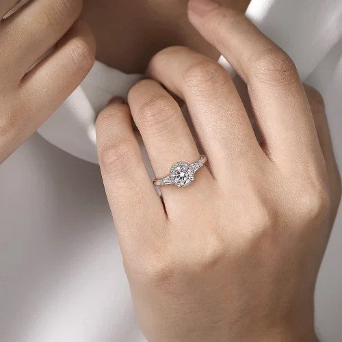 Elinor - 14K White Gold Round Three Stone Halo Diamond Engagement Ring (Setting Only)