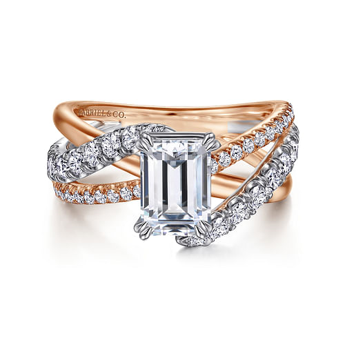 14K White-Rose Gold Emerald Cut Free Form Diamond Engagement Ring