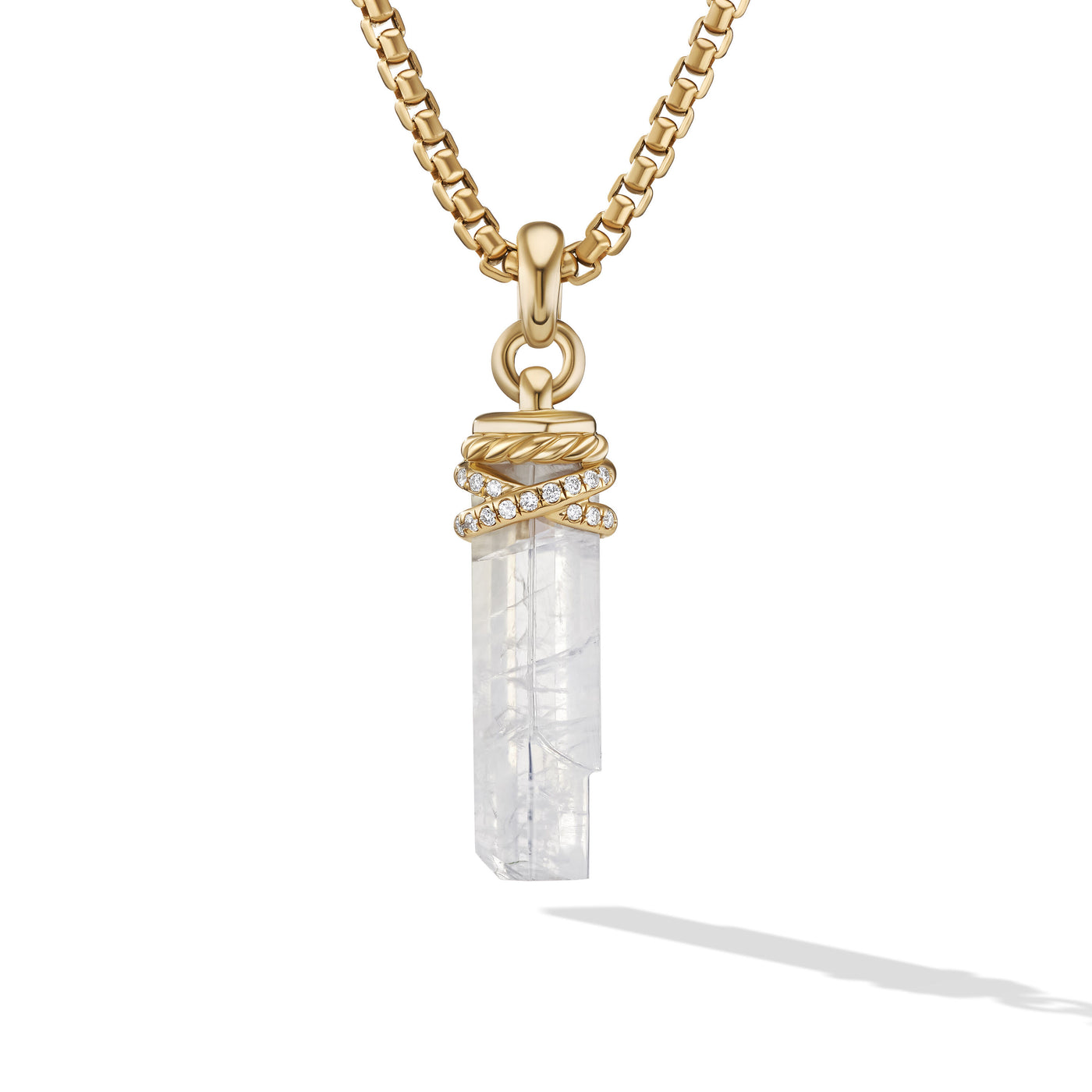 Wrapped Crystal Amulet in Rainbow Moonstone Crystal with 18K Yellow Gold and Diamonds\, 46mm