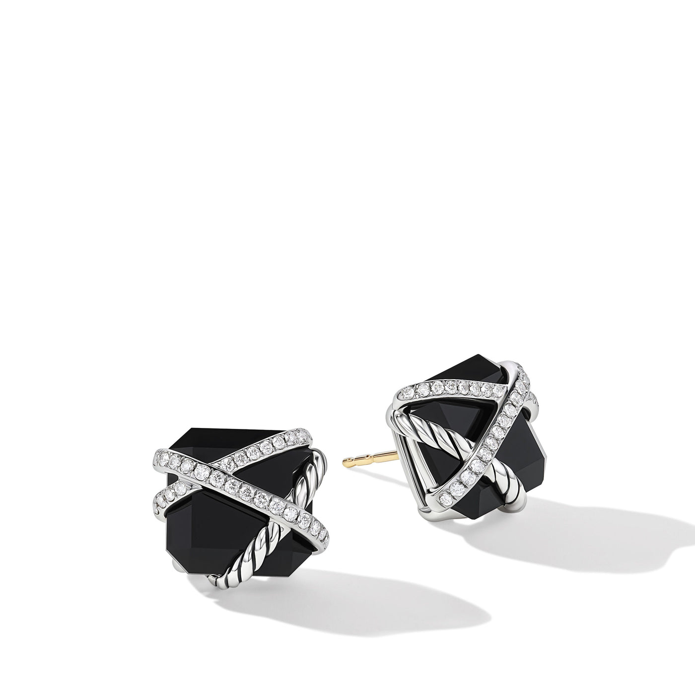 Cable Wrap Stud Earrings in Sterling Silver with Black Onyx and Diamonds\, 12mm