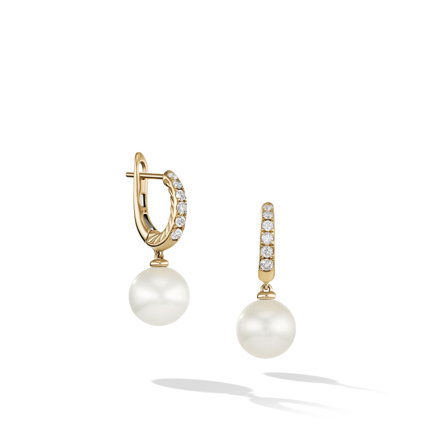 Pearl and Pavé Drop Earrings in 18K Yellow Gold with Pearls and Diamonds\, 15.6mm