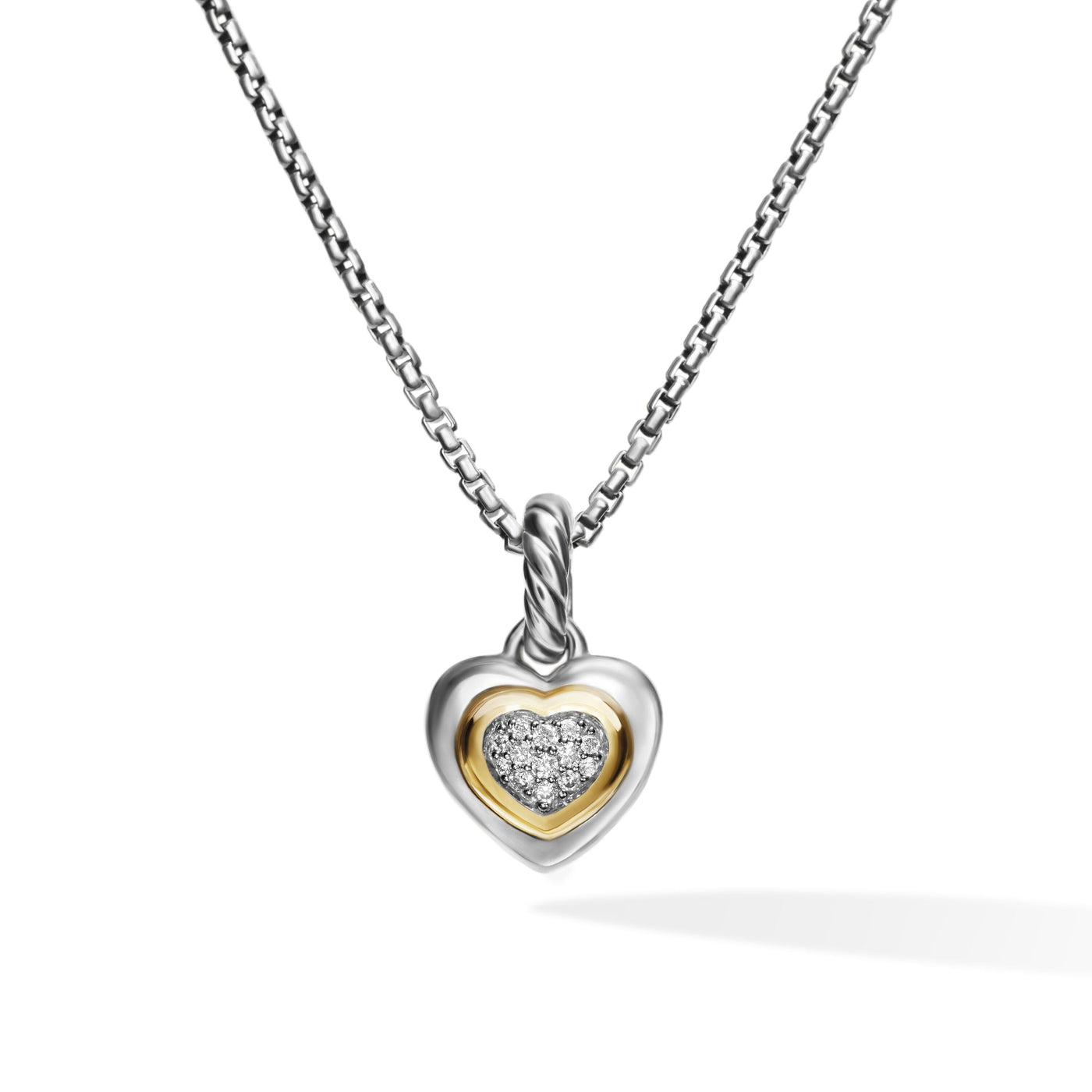 Petite Cable Heart Pendant Necklace in Sterling Silver with 14K Yellow Gold and Diamonds\, 17.1mm