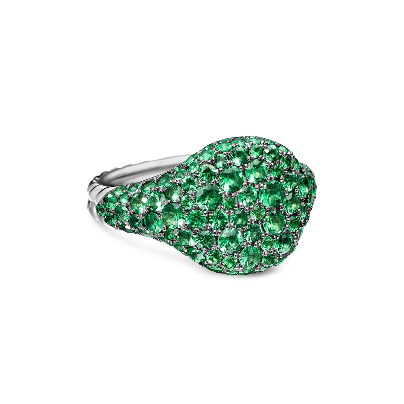 Chevron Pinky Ring in 18K White Gold with Pavé Emeralds\, 10mm