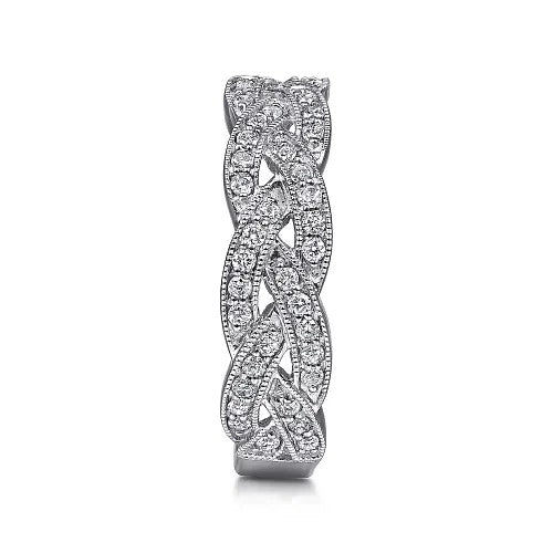 14K White Gold Braided Diamond Stackable Ring