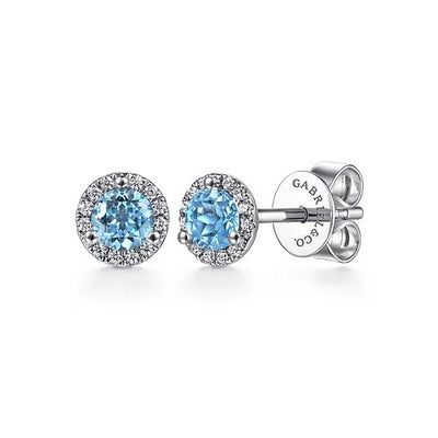 14K White Gold Diamond Halo Swiss Blue Topaz Stud Earrings