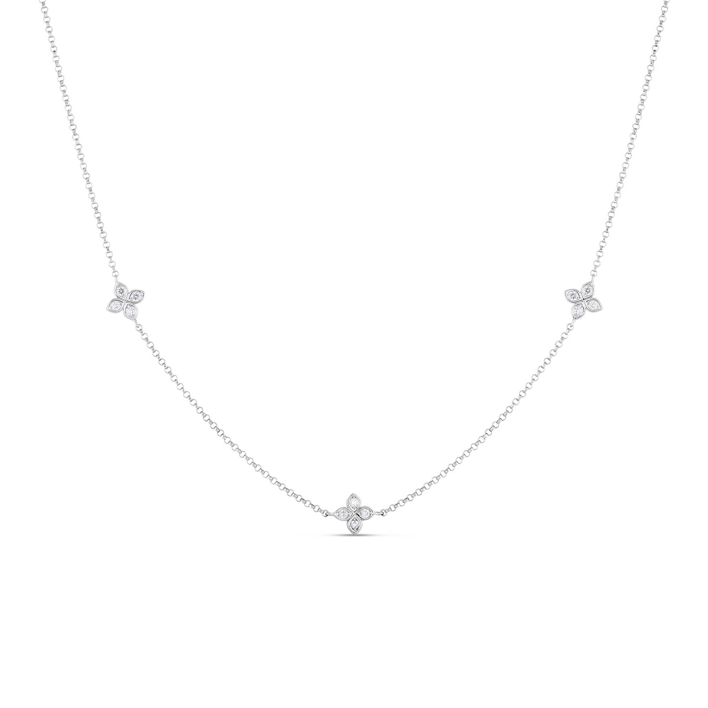 18K WHITE GOLD LOVE BY THE INCH 3 STATION FLOWER NECKLACE