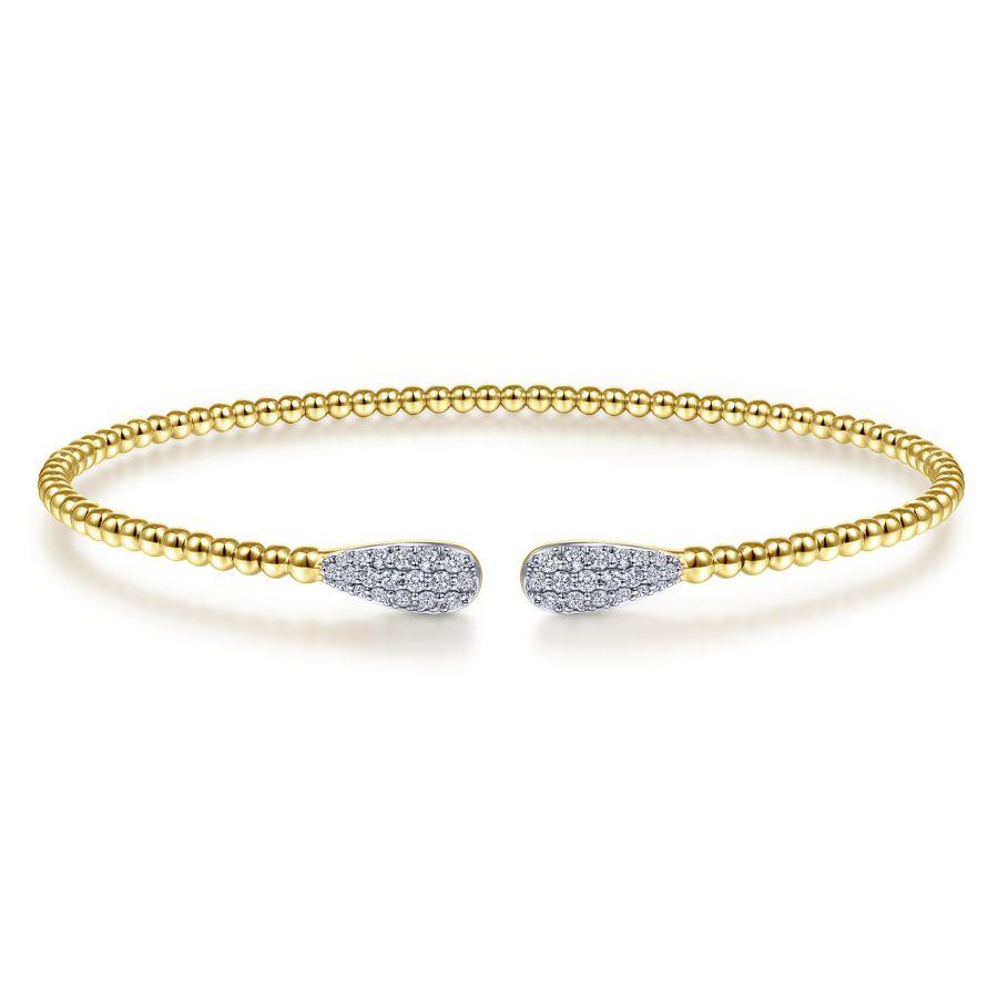 14K Yellow Gold Bujukan Bead Cuff Bracelet with Diamond Pave Teardrops