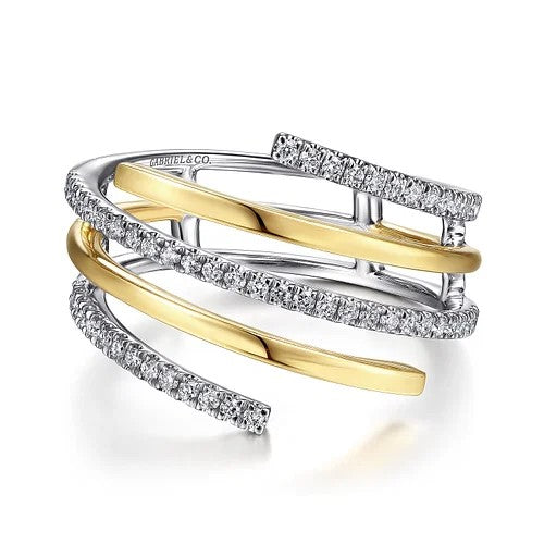 14K White-Yellow Gold Plain and Diamond Row Statement Ring