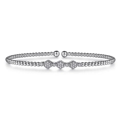 14K White Gold Bujukan Bead and Hexagon 0.13cttw Cluster Diamond Bangle