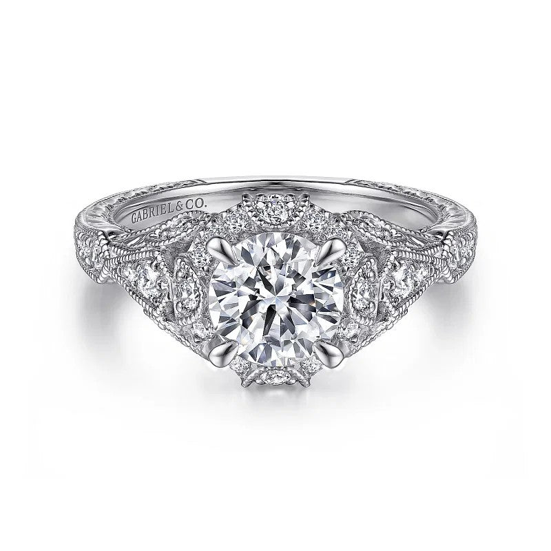 Annadale - Unique 14K White Gold Vintage Inspired Diamond Halo Engagement Ring (Setting Only)