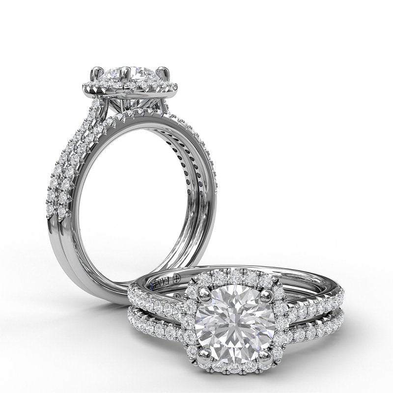 Delicate Cushion Halo Engagement Ring With Pave Shank