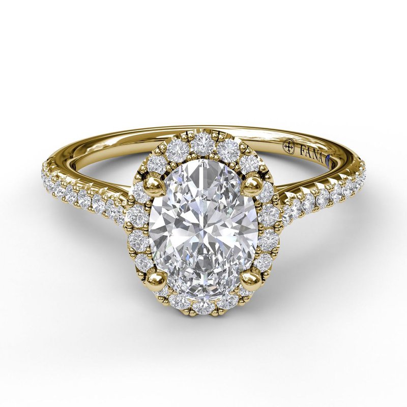 Delicate Oval Shaped Halo And Pave Band Engagement Ring