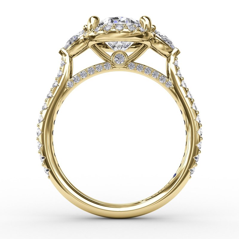 Oval Diamond Halo Engagement Ring With Pear-Shape Diamond Side Stones