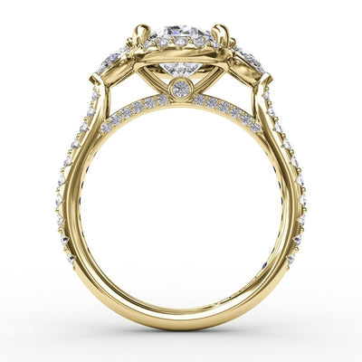 Oval Diamond Halo Engagement Ring With Pear-Shape Diamond Side Stones