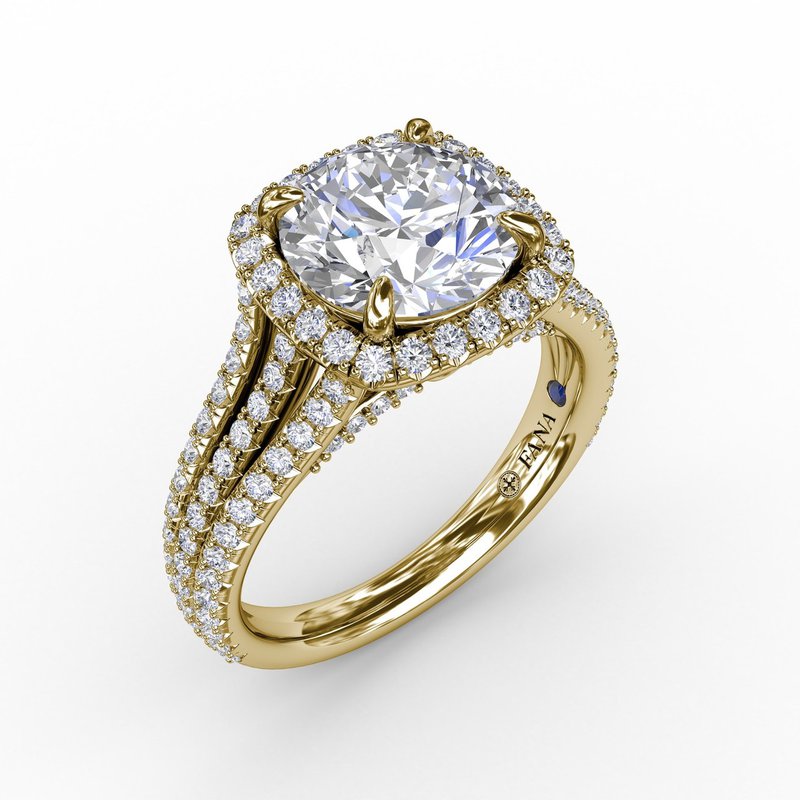 Round Diamond Engagement Ring With Cushion-Shaped Halo and Triple-Row Diamond Band