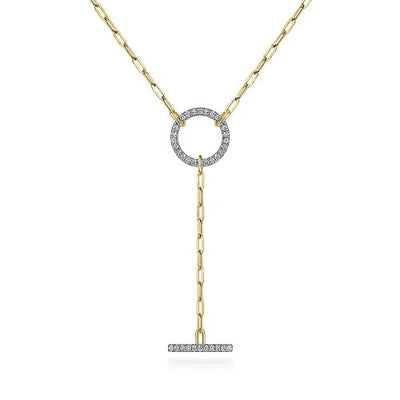 14K Yellow Gold Diamond Circle and Bar Y-Knot Necklace with Hollow Paperclip Chain