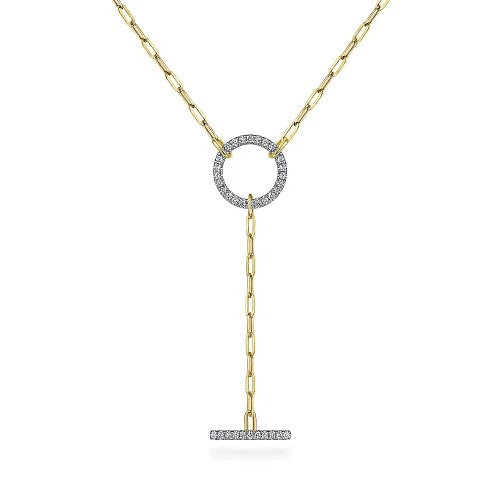 14K Yellow Gold Diamond Circle and Bar Y-Knot Necklace with Hollow Paperclip Chain