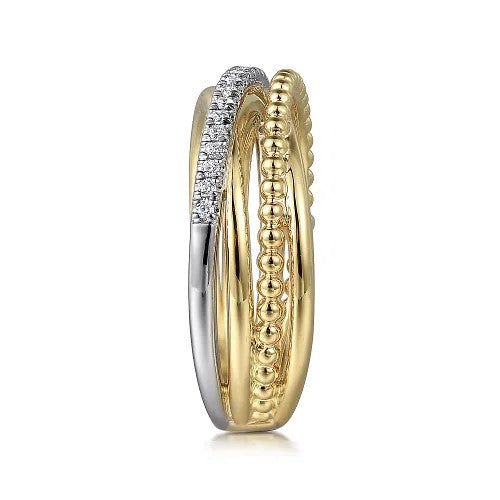 14K White and Yellow Gold Diamond Criss Cross Bujukan Ladies Ring