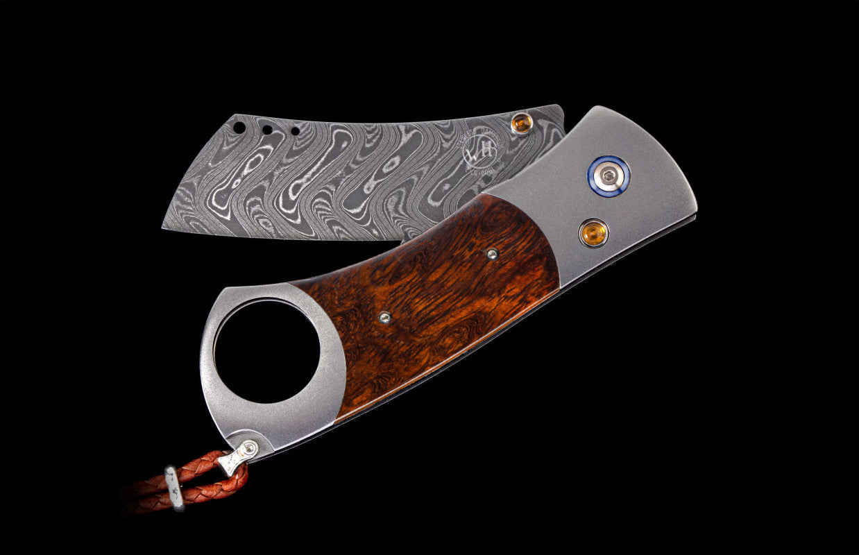 Havana Titanium cigar cutter with desert ironwood and damascus blade