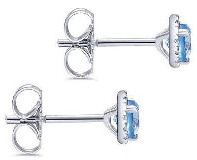 14K White Gold Diamond Halo Swiss Blue Topaz Stud Earrings