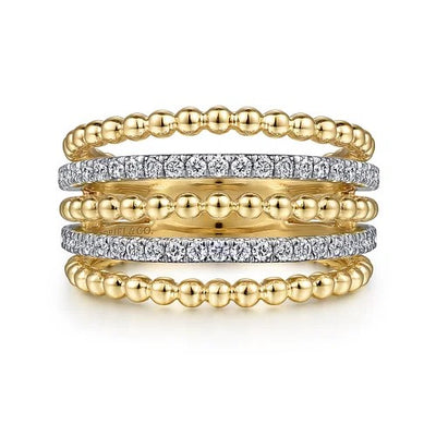 14K Yellow Gold Multi Row Bujukan Beads and Diamond Easy Stackable Ring