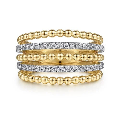 14K Yellow Gold Multi Row Bujukan Beads and Diamond Easy Stackable Ring