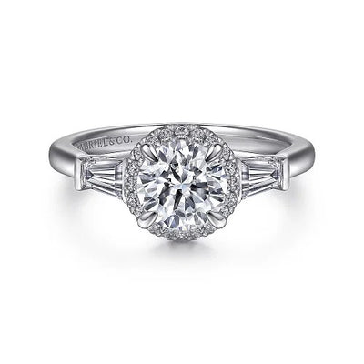 Elinor - 14K White Gold Round Three Stone Halo Diamond Engagement Ring (Setting Only)